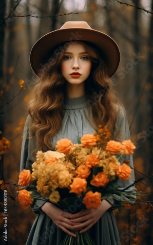 A beautiful woman stands outdoors in the autumn air, wearing a dress and a hat adorned with roses, her hands holding a bouquet of flowers that bring life and joy to her portrait © Glittering Humanity