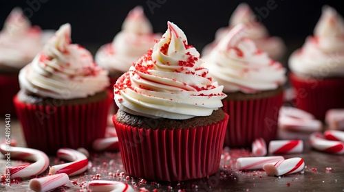 Close up Red Velvet Cupcakes topped with Candy. Festive Kitchen Background