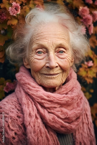 A beautiful portrait of an older senior mature woman wearing a pink flower-patterned scarf against the backdrop of autumn, her wrinkles and skin illuminated in the sunlight