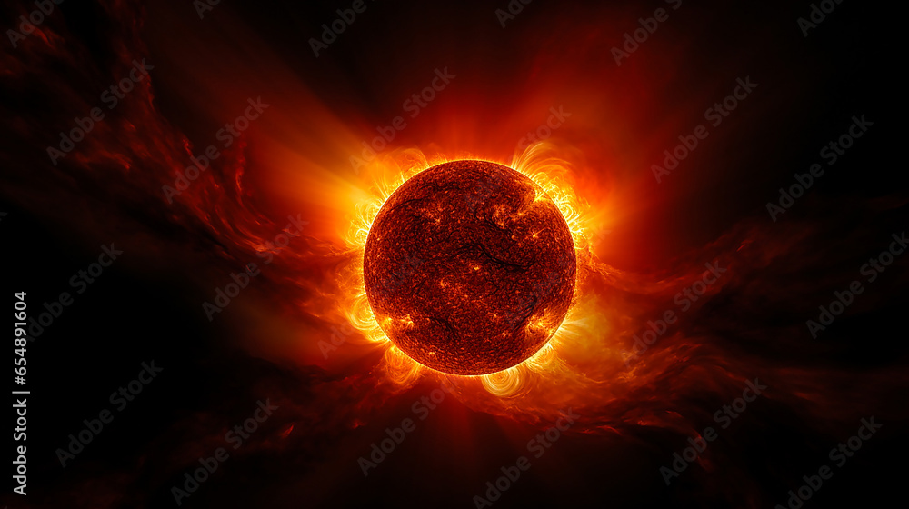 A solar corona with prominences. Bright, lush cloud of hot plasma surrounding the Sun. Increased activity of the sun causing magnetic storms on earth. Close-up. - obrazy, fototapety, plakaty 