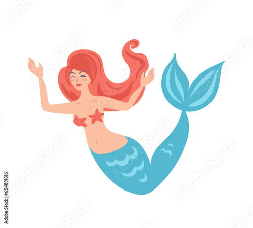 Mermaid with red hair and starfish bikini. Cartoon child character in flat style. Marine life. For stickers  posters  postcards  design elements