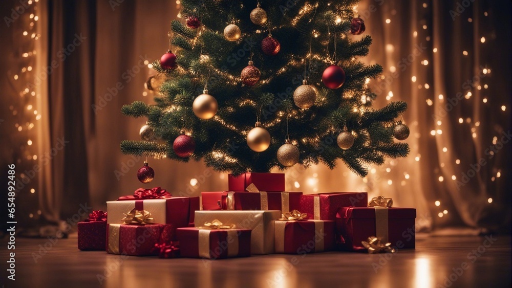 Weihnachtsbaum mit hochwertiger rot-goldener Dekoration und Geschenken darunter