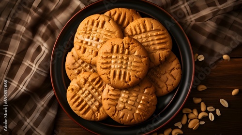 Overhead Shot of baked Peanut Butter Cookies on a Plate. Close up
