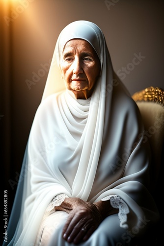 An ultrarrealistic full body photo of a beautiful woman over 85 years old, seat, sad look, only covered by a transparent white flowing veil, soft light, side light, white background photo