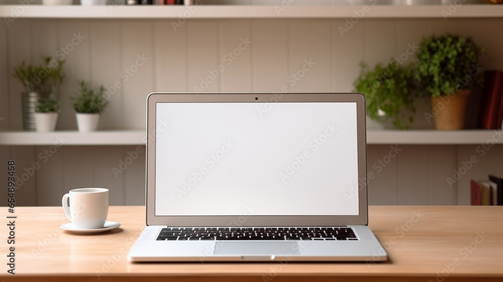 Fototapeta premium Modern laptop with blank white screen on the table 