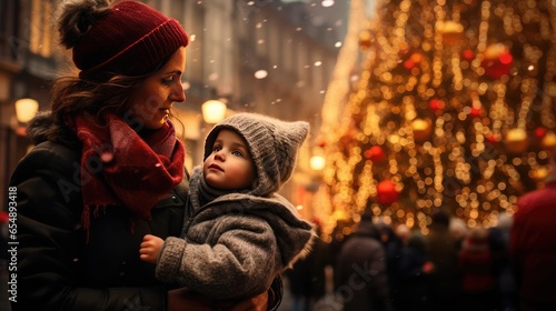 Family Christmas walk through the streets © cherezoff