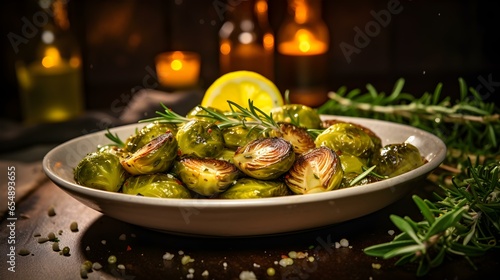 Close up of roasted Brussels Sprouts with Springs of Rosemary and Sea Salt. Blurred Restaurant Backdrop