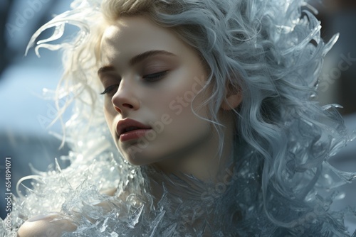 A woman with white hair wearing a white dress. AI image. Imaginary snow queen.