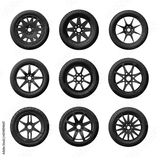 Car wheel icons set. Black wheel tires silhouette collection. Auto wheel disks. 