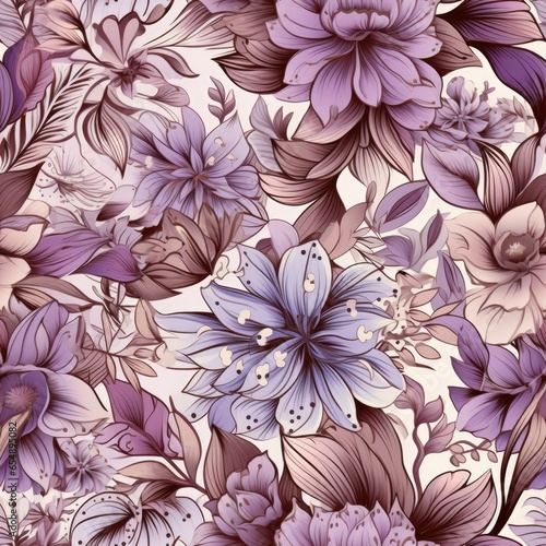 A pattern of purple flowers on a white background. Seamless floral background.