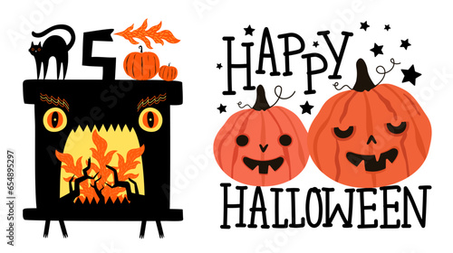 Vector illustration with black cat, pumpkins and crazy angry fireplace with fire and wood. Happy Halloween lettering poster. Funny autumn print design, october halloween party flyer decoration element