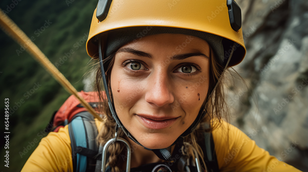 a determined woman rappelling down a dramatic cliff face, her trust in her equipment and her own skills evident as she descends into the heart of nature's grandeur a determined woman rappelling down a dramatic cliff face, her trust in her equipment and her own skills evident as she descends into the heart of nature's grandeur