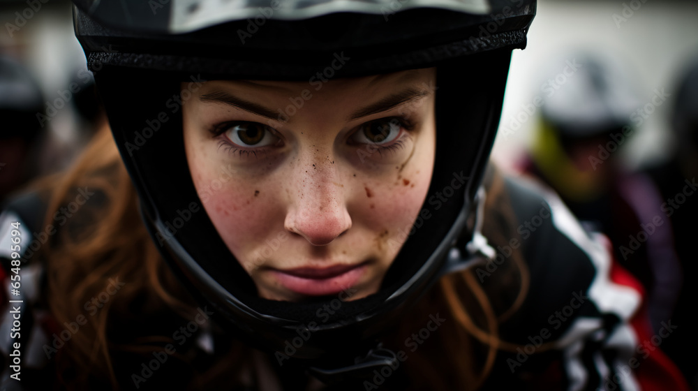 a woman engages in a fast-paced roller derby match, her fierce competitiveness evident as she jockeys for position on the track, embodying the sport's blend of athleticism - obrazy, fototapety, plakaty 
