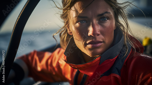 a woman competes in a sailing regatta, her skilled navigation and teamwork evident as she commands a racing yacht through challenging wind and waves on open waters.
