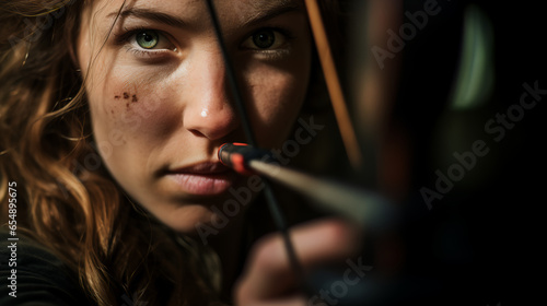 a woman practices her target shooting with a recurve bow, her focus unbroken as she aims with precision, combining patience and skill in the pursuit of archery excellence.  photo