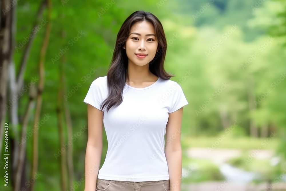 Blank white t-shirt, beautiful asian woman model wearing t-shirt at outdoor background