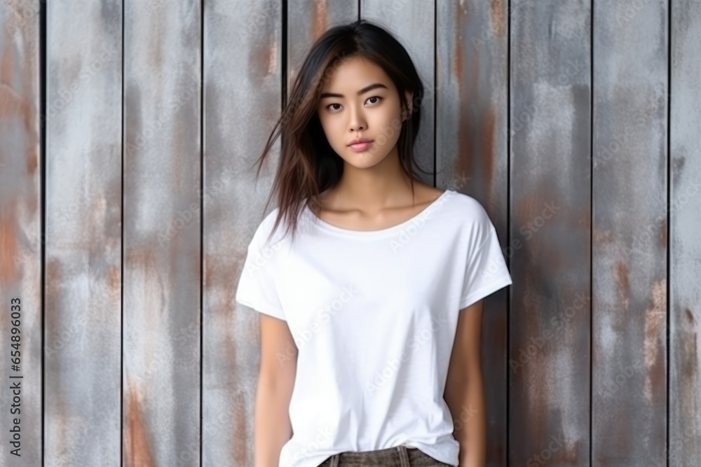 Fototapeta premium Blank white t-shirt, beautiful asian woman model wearing t-shirt