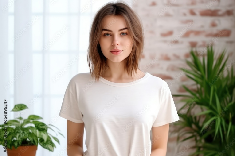 Blank white t-shirt, beautiful woman model wearing t-shirt at room background Blank white t-shirt, beautiful woman model wearing t-shirt at room background