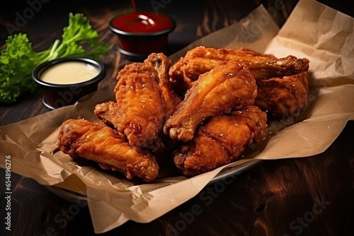 Fried chicken wings with crispy crust on box package for delivery. Grilled chicken wings served with bbq sauce, Mayyonaise, chili sauce photo