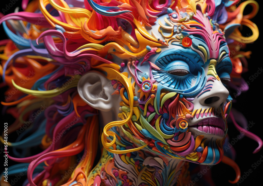 A close up of a statue of a woman with colorful hair. AI image.