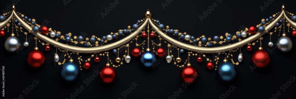 A christmas garland with ornaments hanging from it. AI image. Panoramic banner.