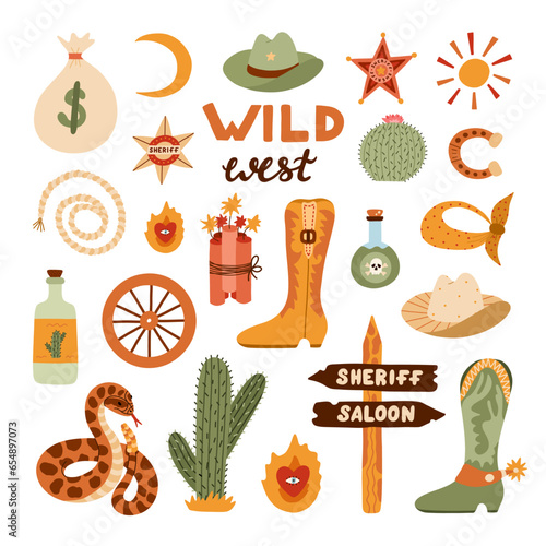 Big Wild West and cowboy set in trendy flat style. Hand drawn simple vector illustration with western boots, hat, snake, cactus, bull skull, sheriff badge star. Cowboy theme with symbols of Texas.