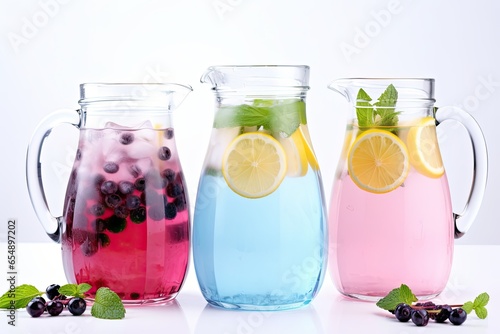 Marjoram apple, blueberry lemonade with ice in glass pitchers isolated on white background