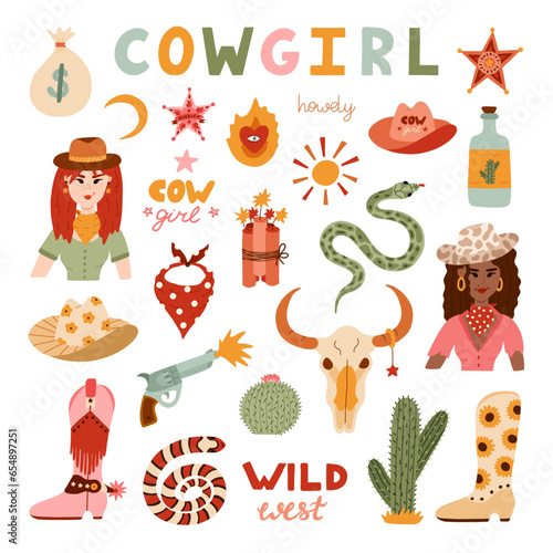 Big cowgirl set in trendy flat style. Hand drawn simple vector illustration with western boots, hat, snake, cactus, bull skull, sheriff badge star. Cowboy theme with symbols of Texas and Wild West.