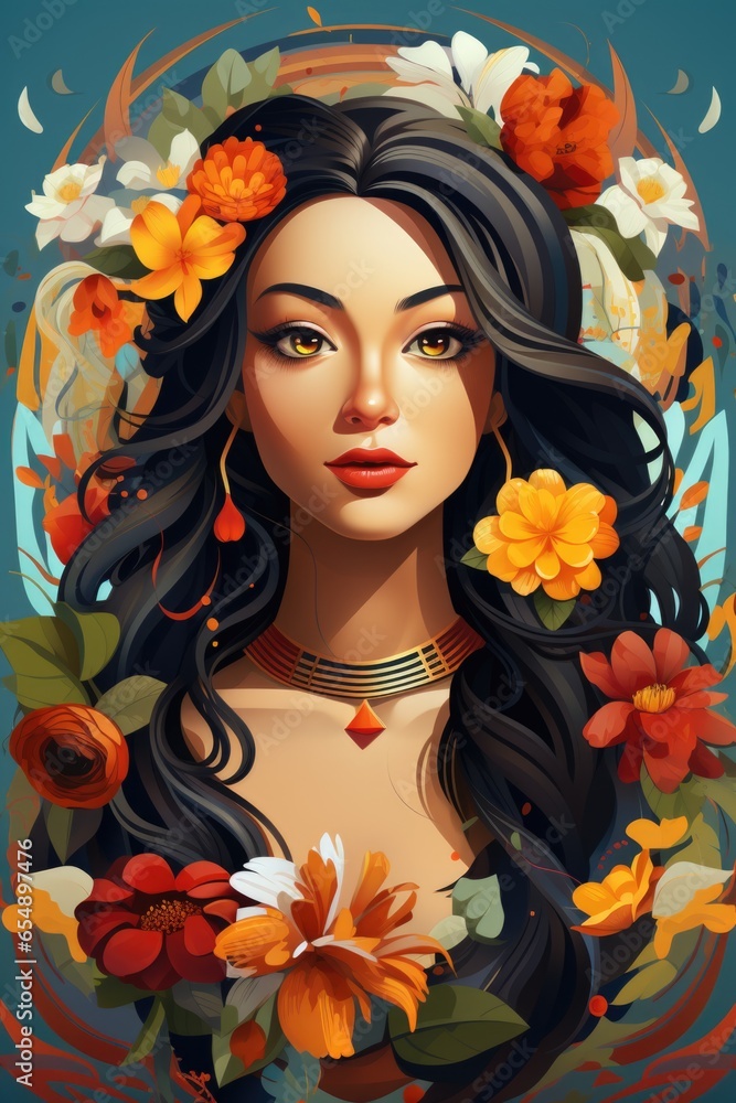 A woman with flowers in her hair. AI image. Happy Onam greeting card. A woman with flowers in her hair. AI image. Happy Onam greeting card.