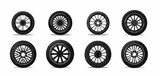Car wheel icons set. Black wheel tires silhouette collection. Auto wheel disks, white background, vector