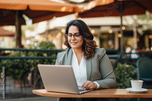 a 35 years old plus size manager using laptop computer on the go