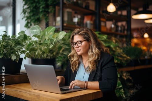 a 35 years old plus size manager using laptop computer on the go