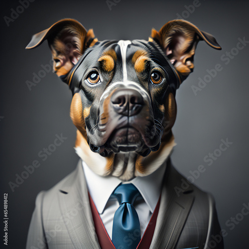 dog dressed as businessman with suit and tie. Animal as businessman wth suit.