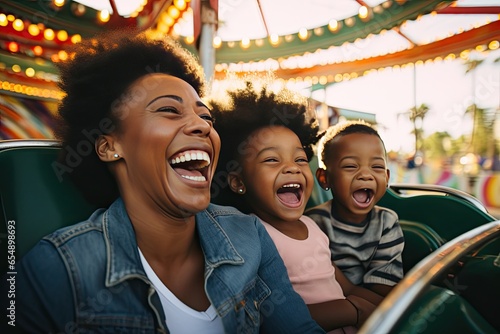 African American woman with her children rides a roller coaster laughing