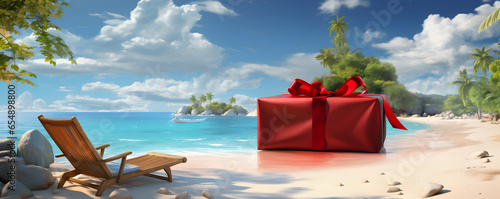 Photographie chaise longue sur une plage paradisiaque avec un cadeau géant