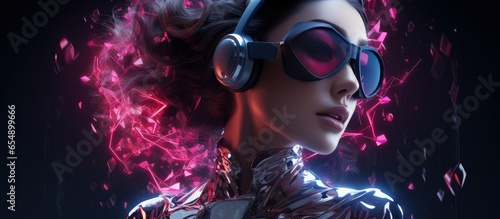 Sci fi woman with VR glasses in cyberpunk valentine illustration with copyspace for text