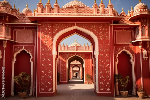 Entrance at city palace complex in Jaipur, Rajasthan, India. The rose gate symbolizes winter and is devoted to goddess Devi. Generative AI © Quiana