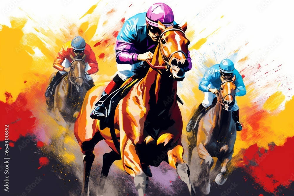 Abstract racing horse with jockey from splash of watercolors. Equestrian sport. Illustration of paints. Generative AI Abstract racing horse with jockey from splash of watercolors. Equestrian sport. Illustration of paints. Generative AI