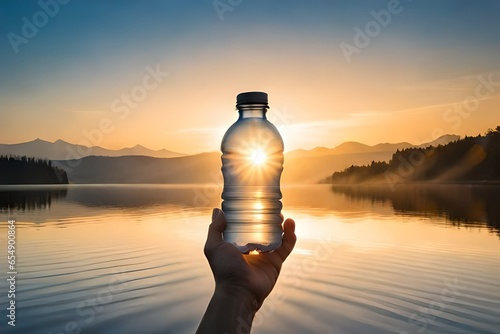 Human hand holds a water bottle against the setting sun