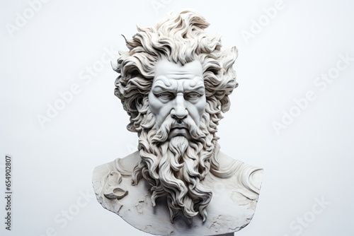Ancient sculpture of a bearded male god made of stone or marble
