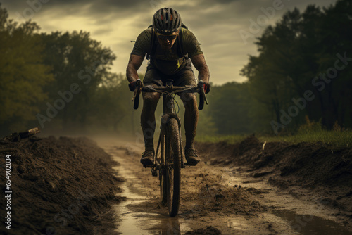 Rider cyclist on a mountain, cyclocross or gravel bike rides on a dirt road photo