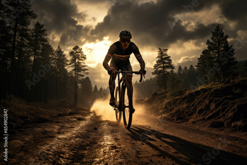 Rider cyclist on a mountain, cyclocross or gravel bike rides on a dirt road