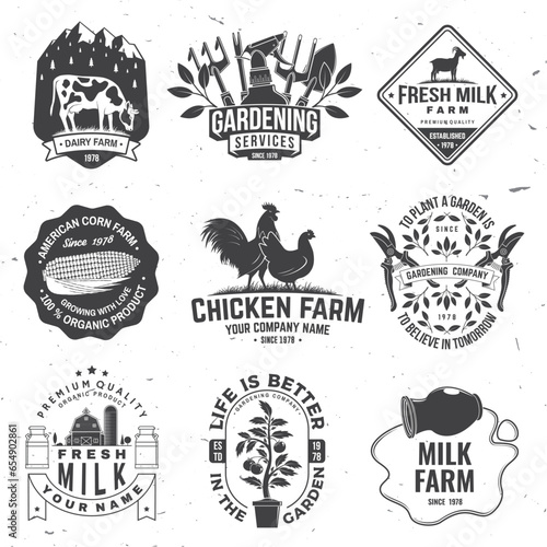 Set of gardening and yard work services and American Farm Badge or Label. Vector. Vintage typography design with chicken, pig, cow, hand secateurs, garden pruner, watering can, bear with rake and