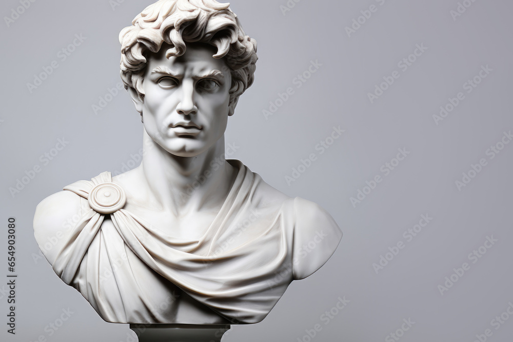 Head and shoulders of an ancient young man sculpture made of stone or marble. Copy space for text