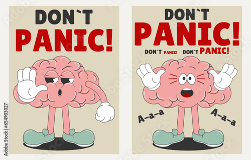 Don't panic! Mental Health Day. A set of posters with a cartoon character brain. Vector illustration in a trendy retro style.