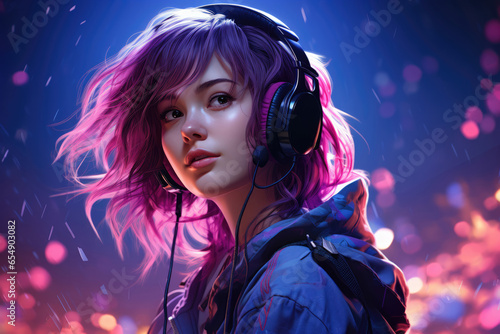 Stylish girl in headphones in pink neon light, cyber punk style
