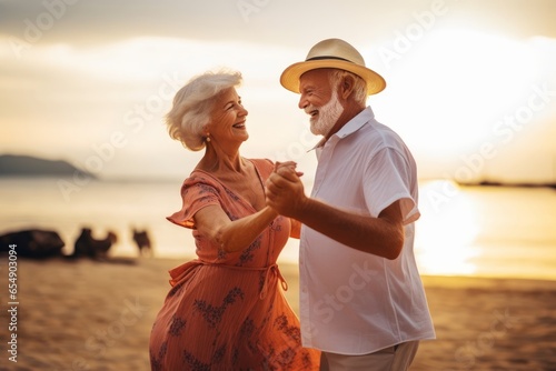 Senior couple dancing on the beach. Retirement elderly family travel in vacations and summer. Generative AI 