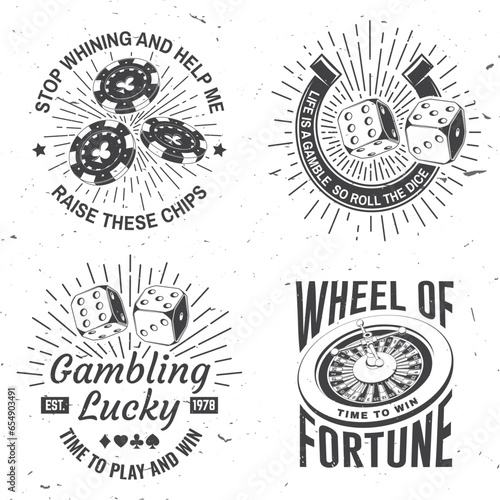 Gambling lucky logo, badge design with poker wheel of fortune, casino chips, two dice and horseshoe silhouette. Vector. For gambling industry, sport lottery services.