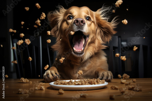 Funny happy dog catches flying food