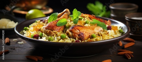 Saudi Arabian chicken kabsa national dish with roasted chicken and almonds with copyspace for text